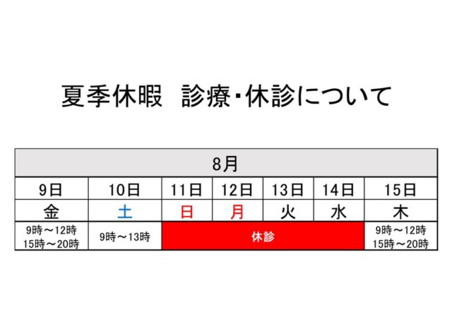 【夏季休暇のお知らせ】

8月11日日曜日〜14日水曜日まで休診とさせていただきます。
8月9日金曜日は9時〜12時.15時〜20時
翌日10日土曜日は9時〜13時
休診明け15日木曜日は9時〜12時.15時〜20時

通常通りの診療時間となりますが、ご予約が埋まりやすくなります。
お早めにご予約いただければと思います。