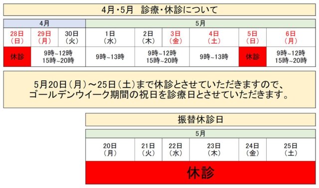 【2024年4・5月診療・休診について】

日曜日は通常通り休診となりますが、
祝日は通常診療で開院します‼️
診療時間も普段通りとなりますので、
水曜・土曜は9時〜13時
それ以外の月・火・木・金は
9時〜12時、15時〜20時となります。

5月20日〜5月25日を休診日とさせていただきます。
ご迷惑おかけしますが、ご理解の程よろしくお願いします。